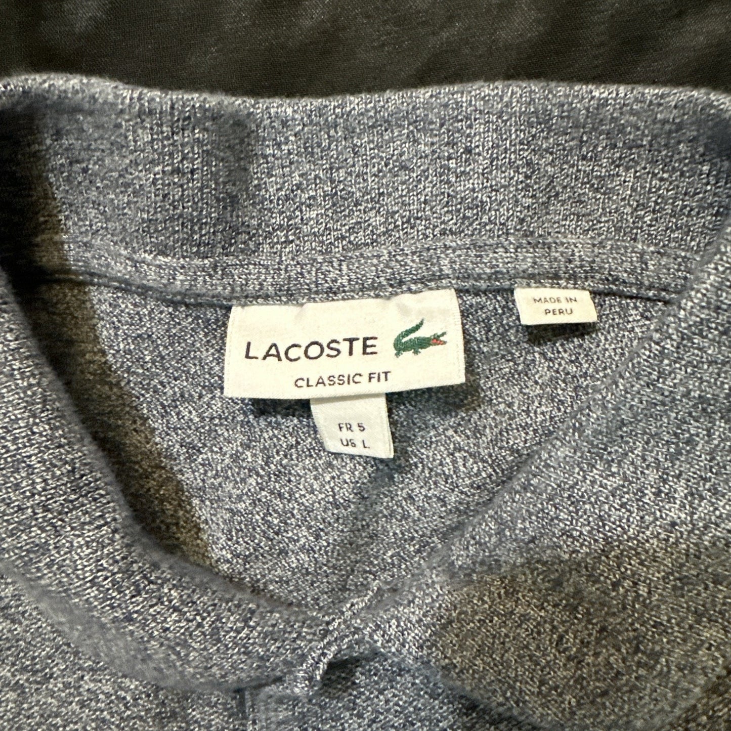 Lacoste Gray Polo Mens L 21" PTP Peru 100% Cotton Classic Fit 1A08