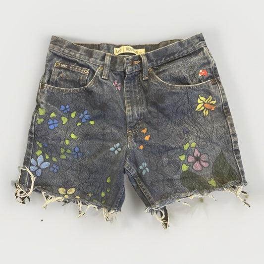 Vtg Lee Womens Denim Blue Jean Cutoff Shorts 32"W Painted Flowers Mushroom 1B21