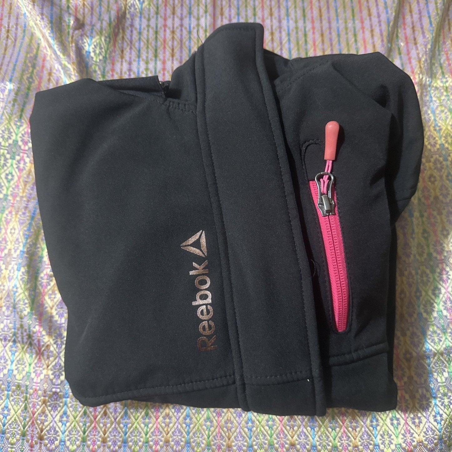 Reebok Black Waterproof Zip Jacket Youth L (14/16) Fleece Lined Pink Accents