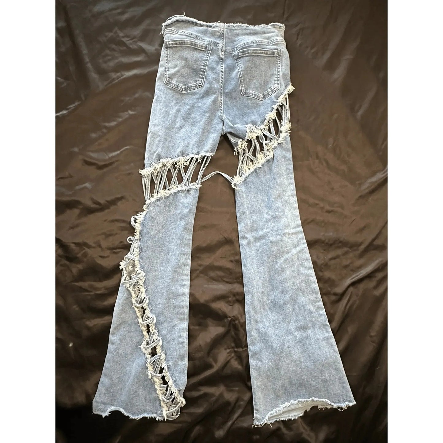 Fashion Nova Womens High Rise Flare Jeans Size 11 Lace Up Cutout Distressed