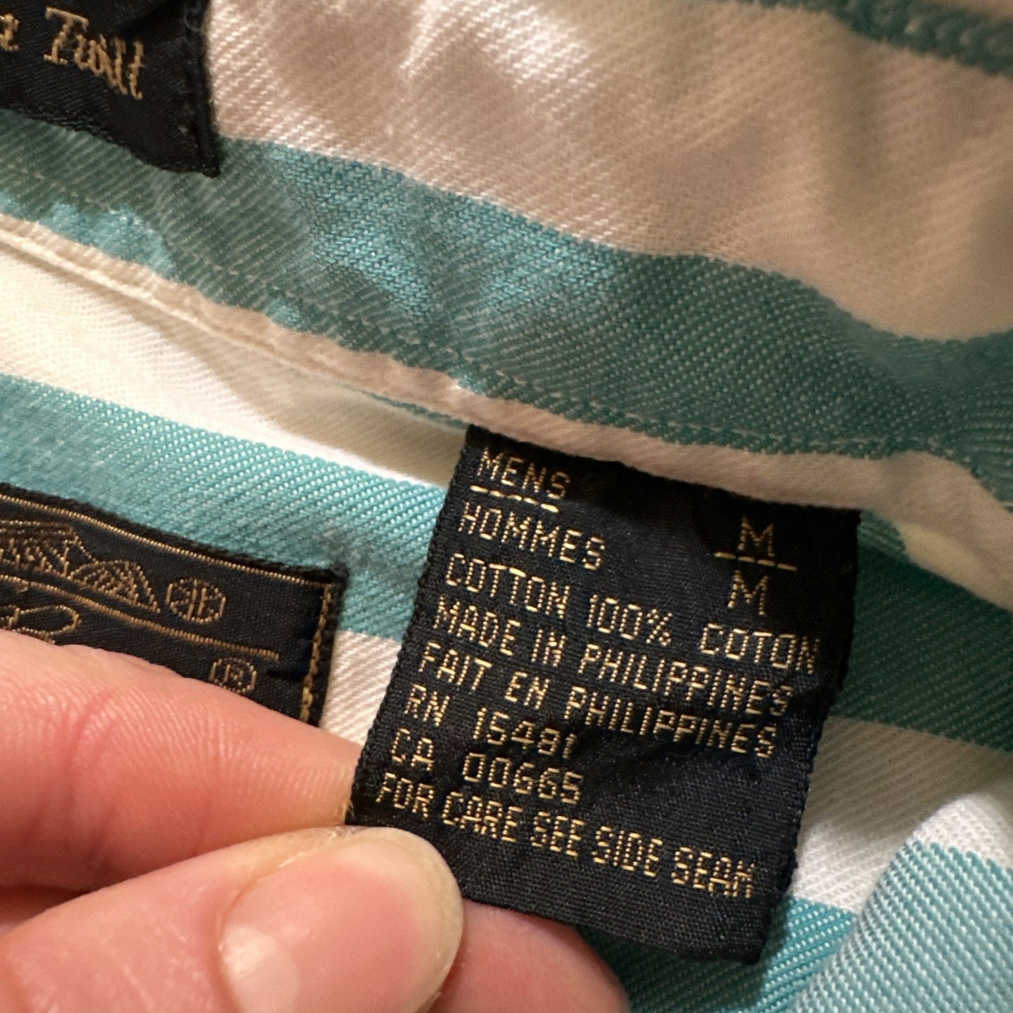 Vtg Eddie Bauer M Rufton Twill Turquoise Striped Casual Button Shirt USA 1A16