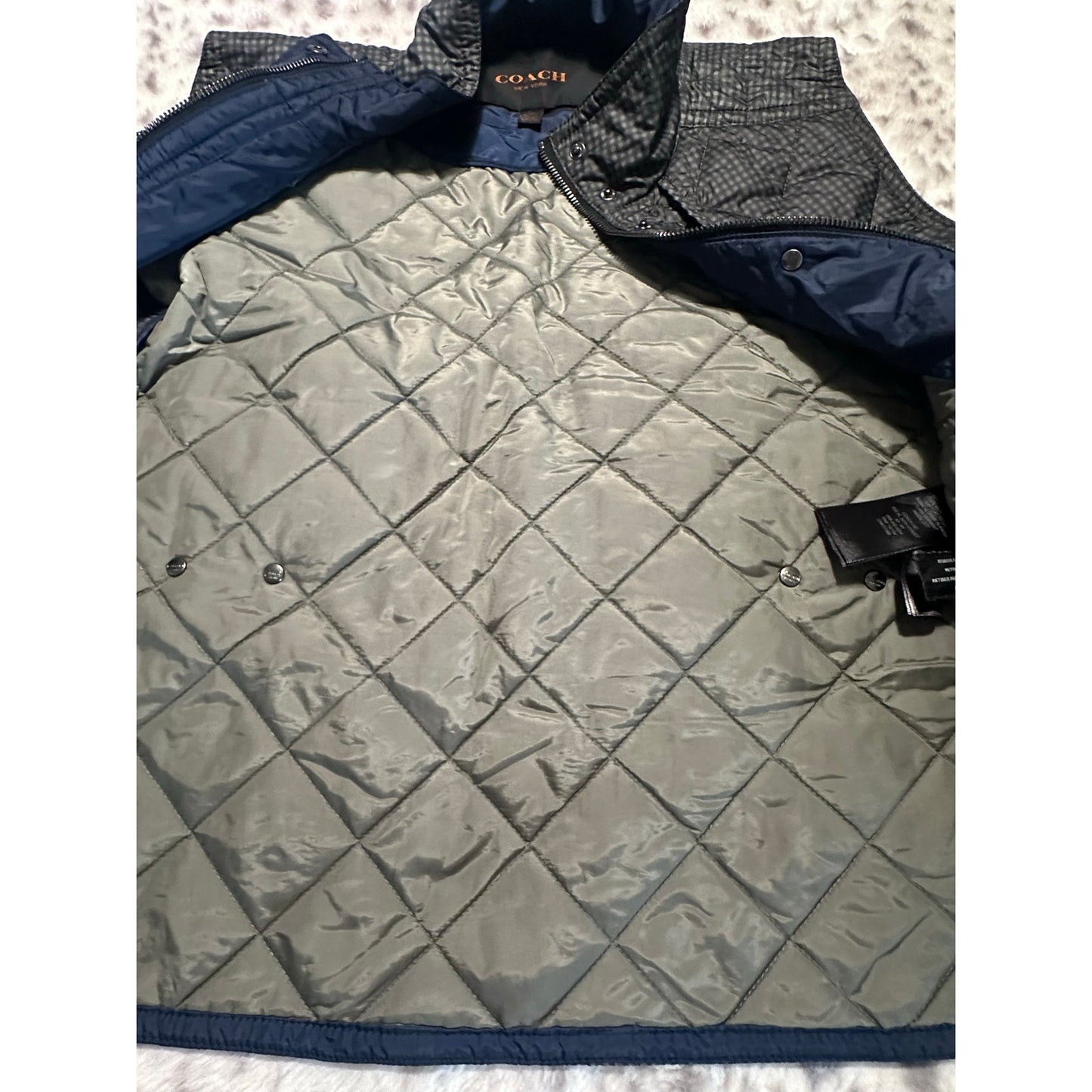 Coach Diamond Quilted Puffer Vest Navy Blue/Gray Size XS Leather Trim | 2C11