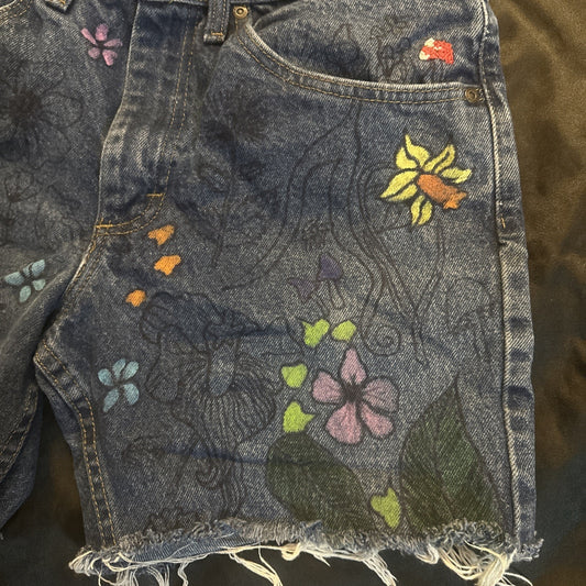 Vtg Lee Womens Denim Blue Jean Cutoff Shorts 32"W Painted Flowers Mushroom 1B21