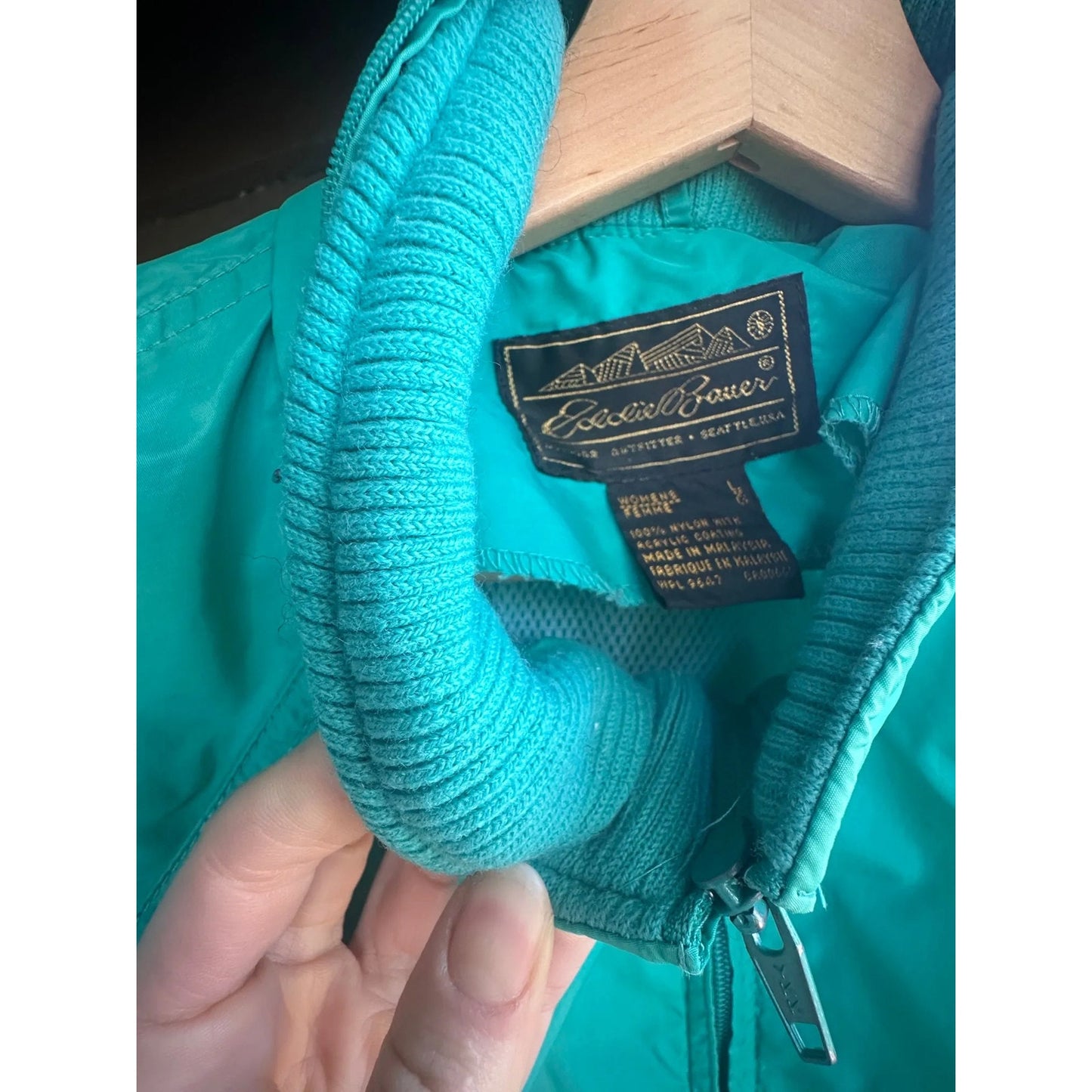 Eddie Bauer Vtg Nylon Windbreaker Jacket Women's L Teal Full Zip Hooded Coat