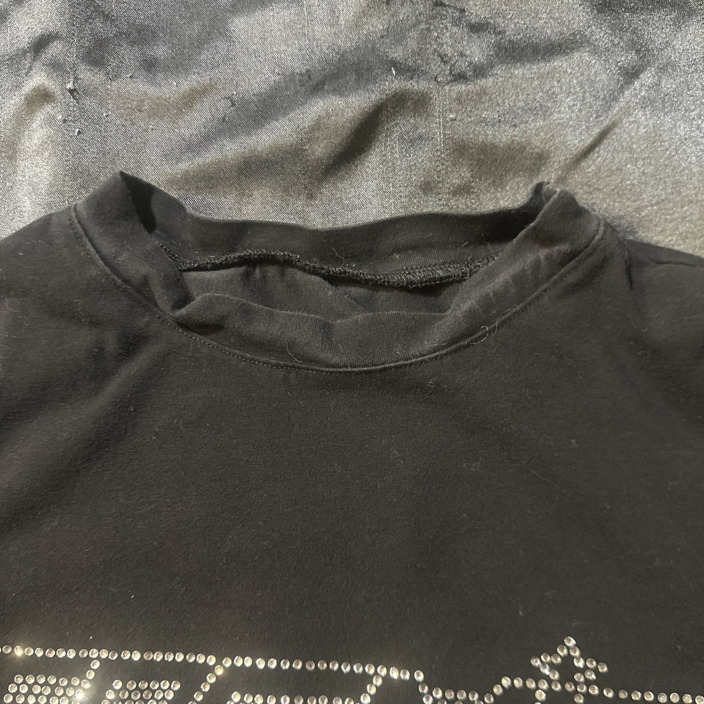 Black Crop Top “Cosmic” Rhinestone Womens Shirt Small Cotton Spandex