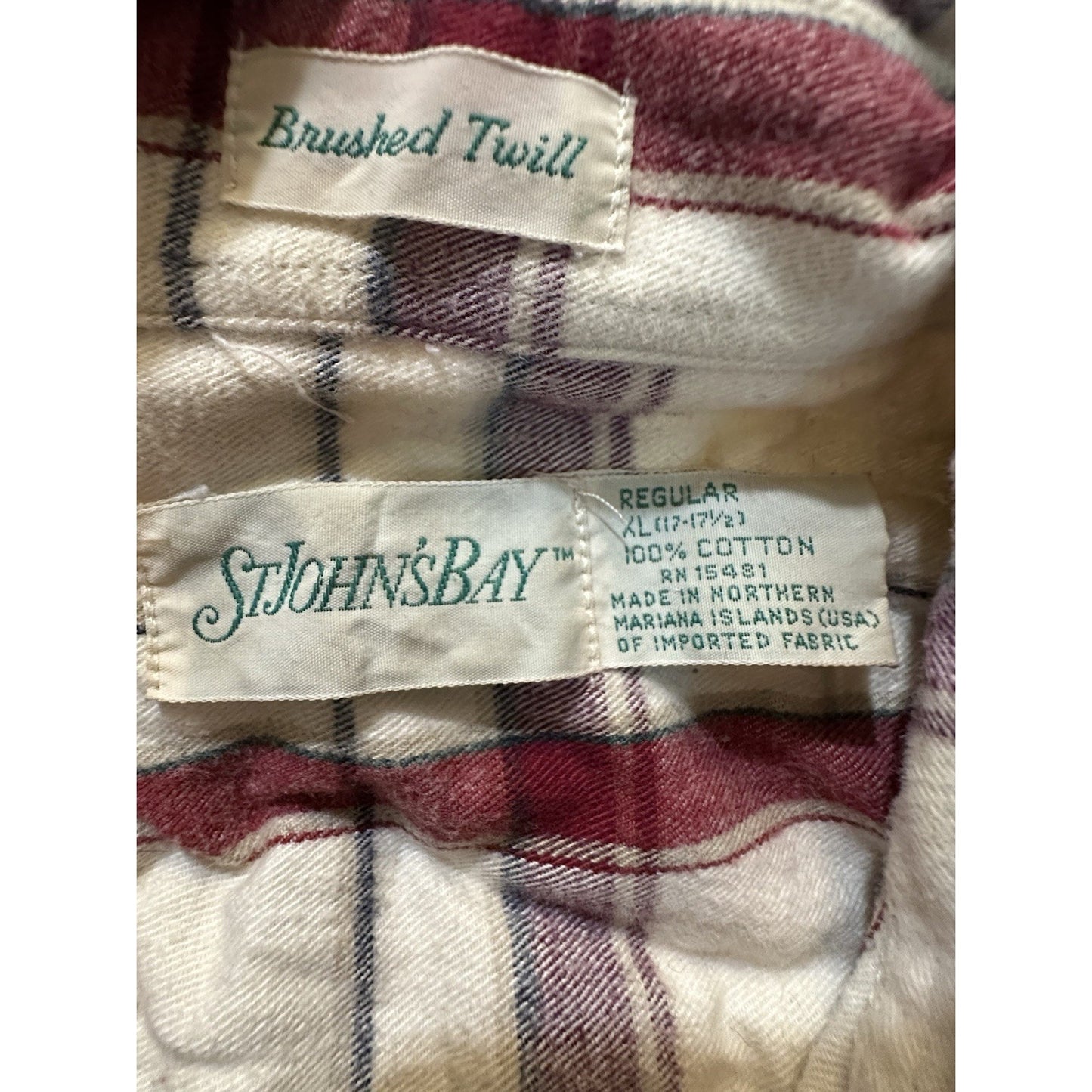 Vtg St. John’s Bay White Red Soft Flannel Size XL Brushed Twill 100% Cotton USA