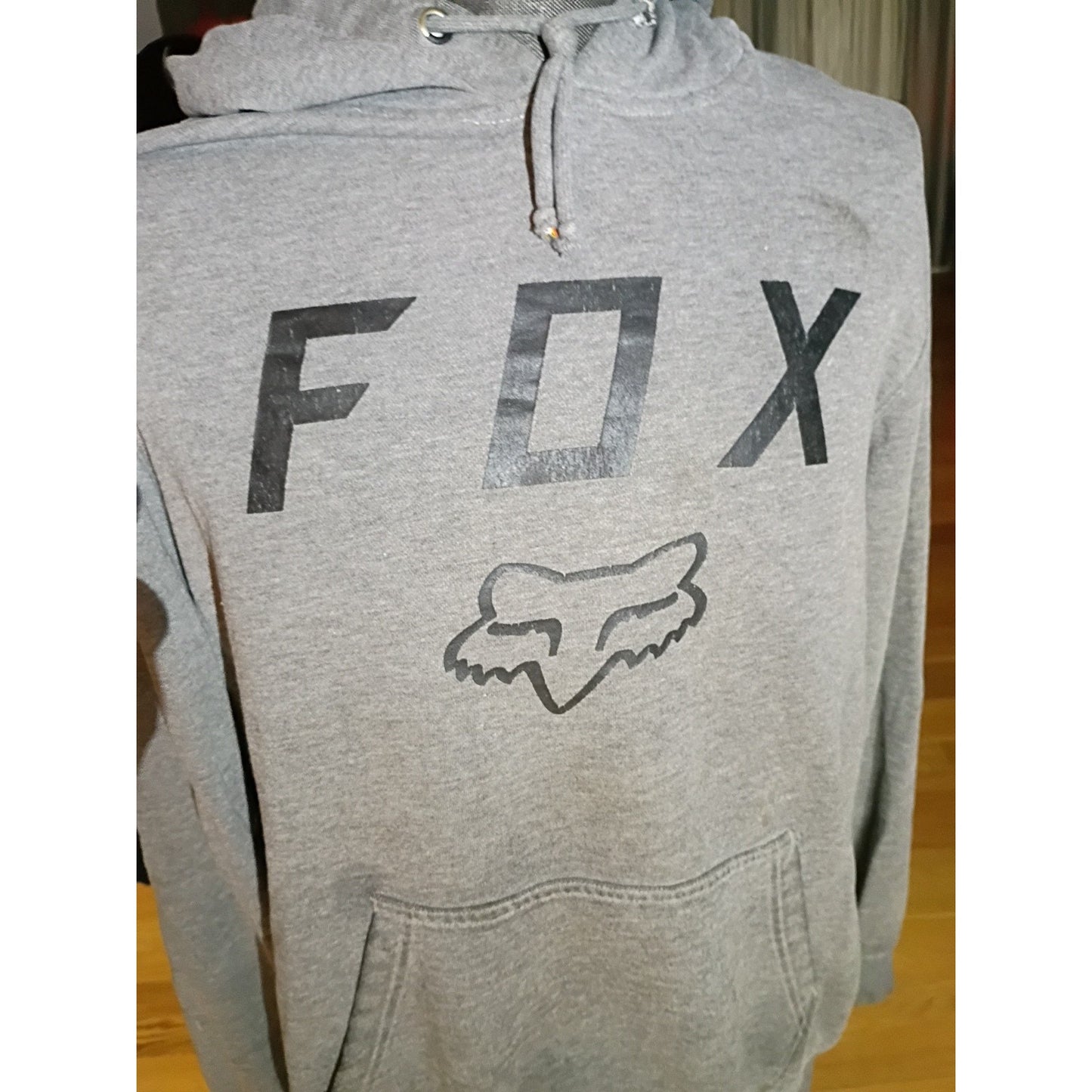 90s Fox Hoodie Long Sleeve Men L/XL Gray Cotton Blend Small Hole In Back D5