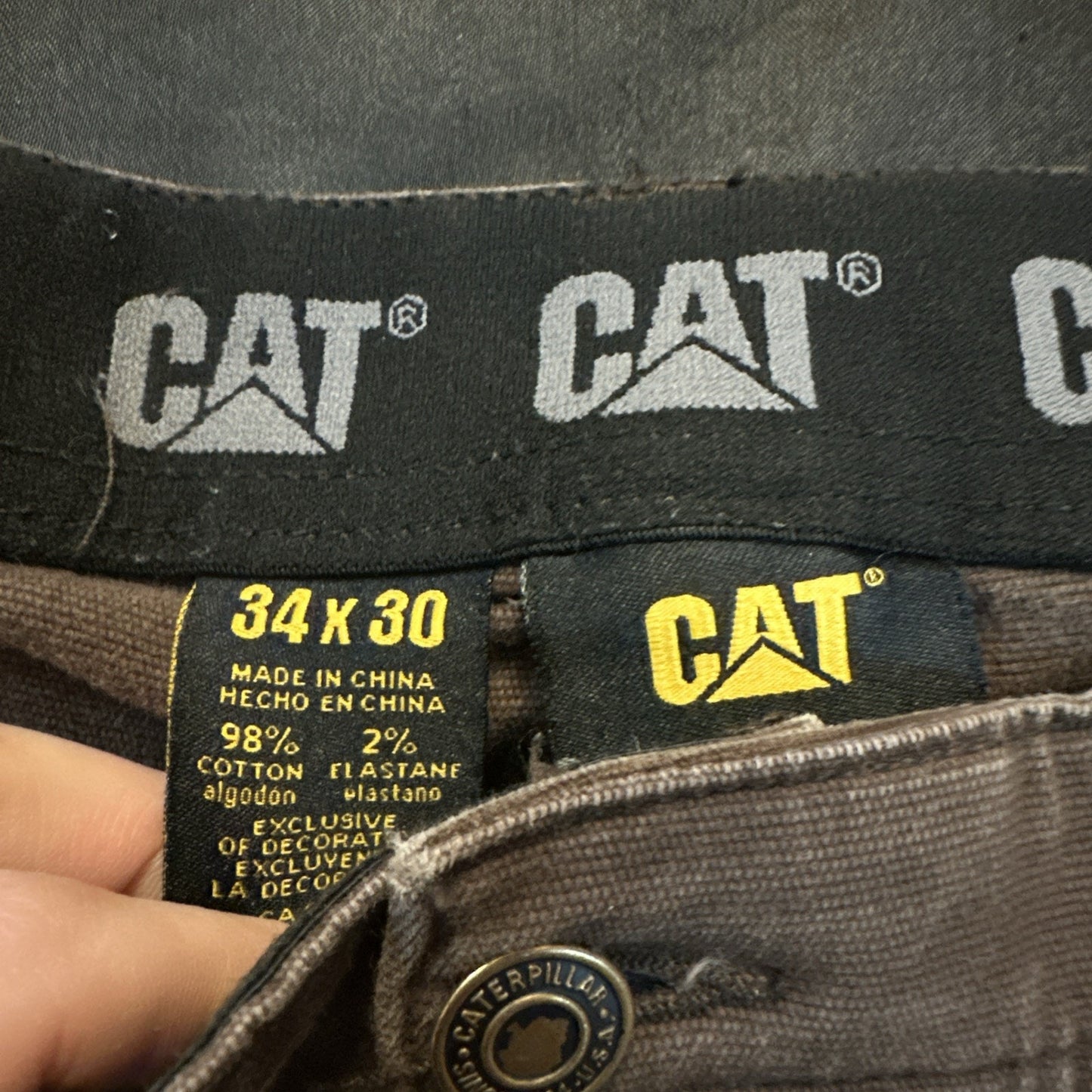 CAT Heavy Duty Straight Leg Pants Mens 34x30 Brown Elastic Waist Workwear 1B05