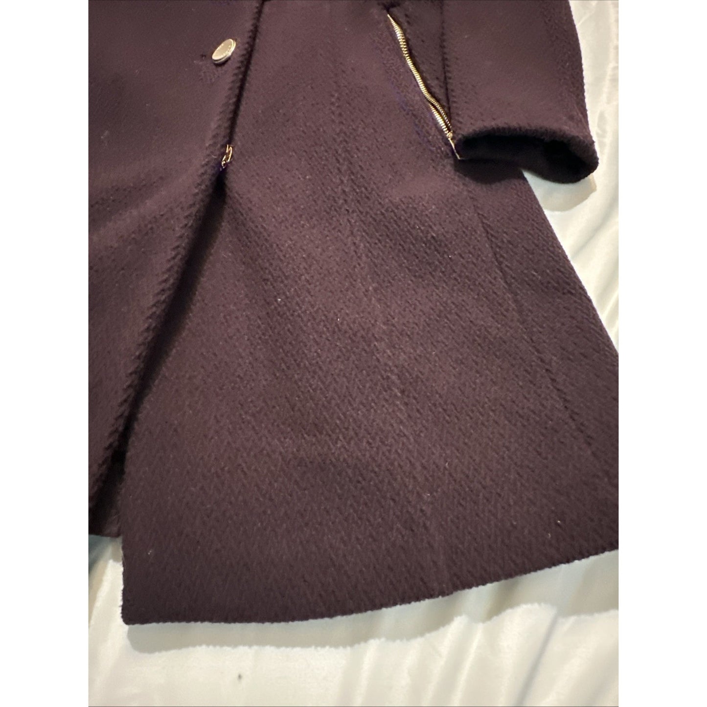 Guess Wool Overcoat Size L Plum Chevron Button Jacket Gold Accents Dark Purple