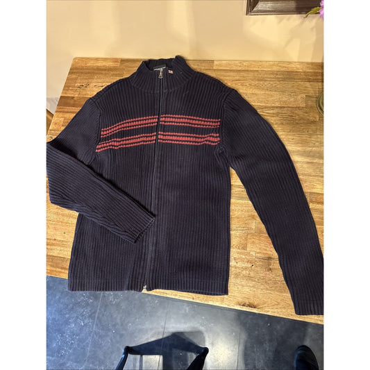 VTG Y2K Polo Ralph Lauren Women Blue Knit Zip Ribbed Flag Sweater M Ripped C5