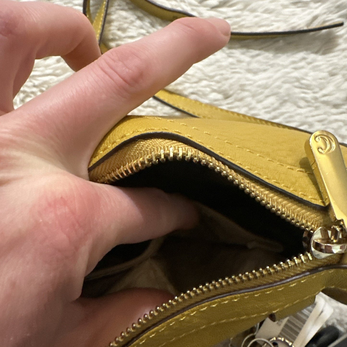 C Crossbody Bag Purse Mustard Yellow Faux Leather 10”x7” Gold Hardware