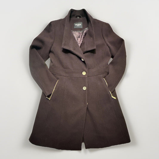Guess Wool Overcoat Size L Plum Chevron Button Jacket Gold Accents Dark Purple
