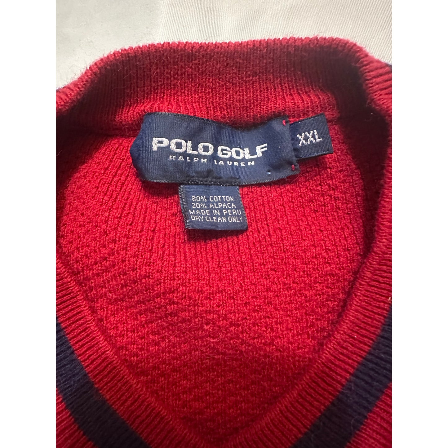 Polo Golf Ralph Lauren Peru Alpaca Cotton Red V-Neck Size XXL Sweater Vtg Y2K