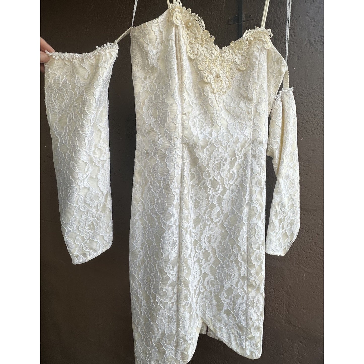 True Vtg Steppin Out Dress White Lace Glitter Detached Sleeves Size 11 USA Made