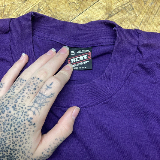 90s Vintage USA made Purple Graphic Shirt Tee 1990s VTG XL 30.5x23 A11