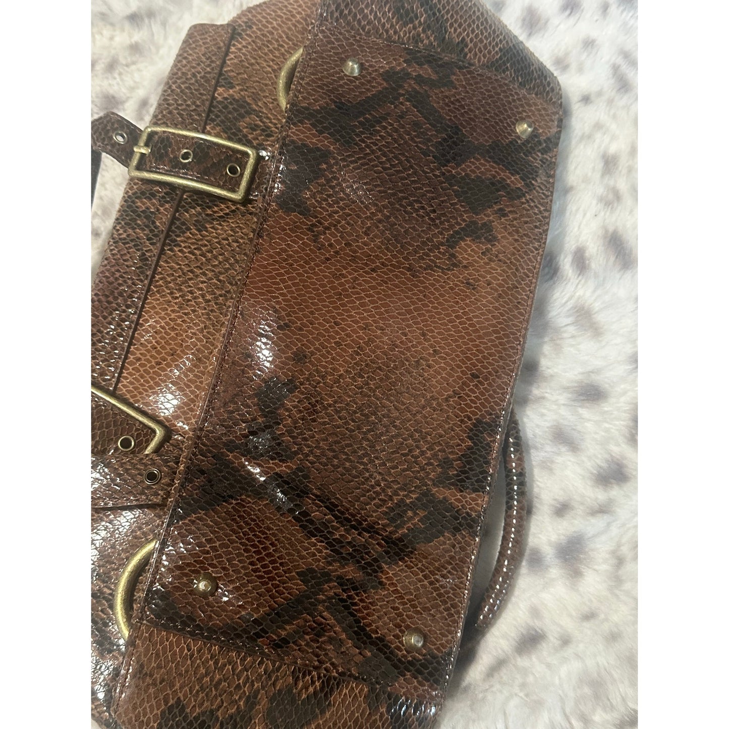 Y2K Casual Corner Genuine Leather Python Snake Print Purse Brown 5"x13" 2C16