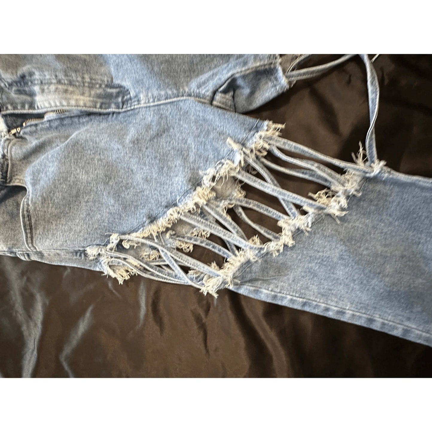 Fashion Nova Womens High Rise Flare Jeans Size 11 Lace Up Cutout Distressed