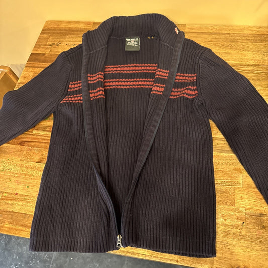 VTG Y2K Polo Ralph Lauren Women Blue Knit Zip Ribbed Flag Sweater M Ripped C5